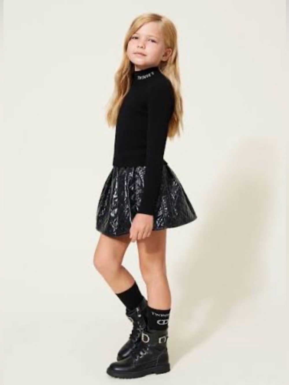 Twinset Milano Kids Girls Quilted Diamond Pattern Skirt, Black, 10Y